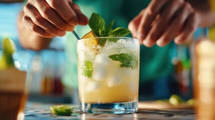 A refreshing cocktail with ice, mint, and a pineapple garnish is prepared, showcasing vibrant colors and freshness, ideal for a tropical or summer setting.