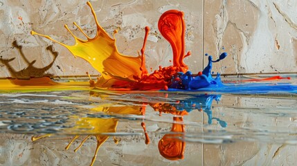 Wall Mural - Vibrant Paint Splashes on Reflective Surface