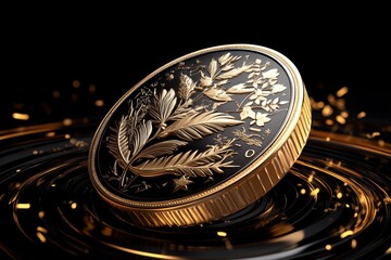 A highly detailed 3D model of a veteran medal, rotating slowly to show every engraved detail, with a digital futuristic backdrop