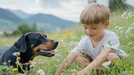 Caucasian little boy in traditional lederhosen play with doberman pinscher