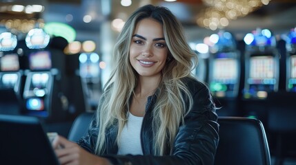 A young woman with long blonde hair and a warm smile is seated in a lively casino setting, wearing a stylish black jacket as she enjoys the vibrant atmosphere.