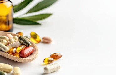 assorted nutritional supplements vitamins and herbal remedies in various capsules tablets and bottle