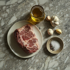 A marble table with whole raw beef brisket, a jug of beef broth, Salt and Black pepper on a plate, garlic cloves and oil in a plate. 