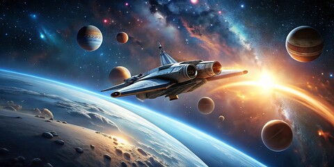 Wall Mural - a futuristic spacecraft glides through a celestial expanse, surrounded by planets, stars, and swirli