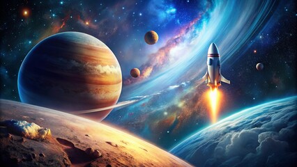Wall Mural - a fiery trail of light streaks across the vastness of space, a rocket ship soaring through a nebula 