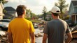 © Pinklife - Two men stand back-to-back observing flood damage in a suburban neighborhood, representing contemplation and resilience in the aftermath of a natural disaster.