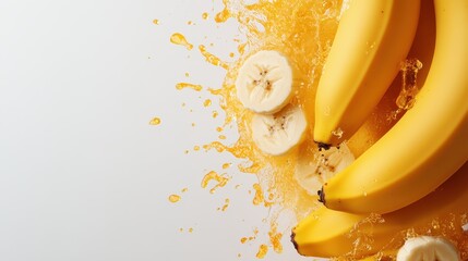 fresh ripe bananas with a vibrant splash of orange juice create a lively and energetic composition, 