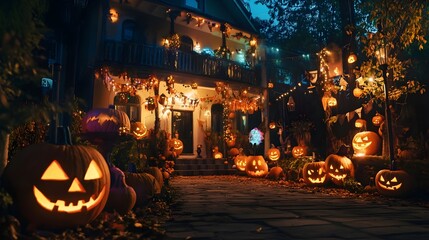 Halloween pumpkins and decorations outside a house. Night view of a house with halloween decoration