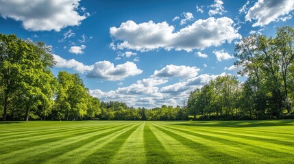 Wall Mural - Beautiful sunny spring day with a neatly mowed lawn surrounded by trees, under a vibrant blue sky dotted with white clouds, creating a calming outdoor atmosphere.