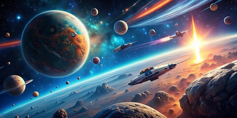 Wall Mural - cosmic flight through a starry expanse, navigating through a field of celestial bodies, with a burni