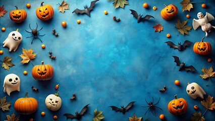 A Festive Blue Background Adorned with Spooky Pumpkins, Bats, and Ghosts for a Fun Halloween Celebration