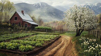 Poster - A peaceful scene of a vegetable garden in spring, stretching before a quaint old house, with mountains shrouded in mist and a white pear tree blooming nearby, captured in high definition.