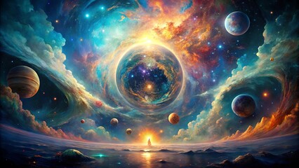 Wall Mural - a cosmic symphony of vibrant hues and celestial bodies, swirling in a tapestry of stardust and nebul