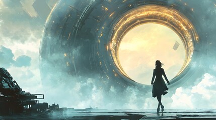 Industry woman walking to the futuristic circle floating in the air, digital art style, illustration painting. 