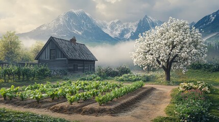 Poster - A tranquil image of a springtime garden with vegetables growing before an old farmhouse, mountains looming in the background, a white pear tree in bloom, and soft fog creating a peaceful atmosphere.