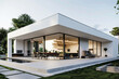 © Ali - Contemporary house design with a minimalist cubic shape, smooth white plaster exterior, large sliding glass doors, and a spacious patio with outdoor dining space.