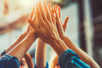 happy young entrepreneurs high fives, concept of success celebration by hands united together.