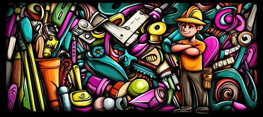 Poster - A colorful illustration featuring a character amidst various tools and materials.