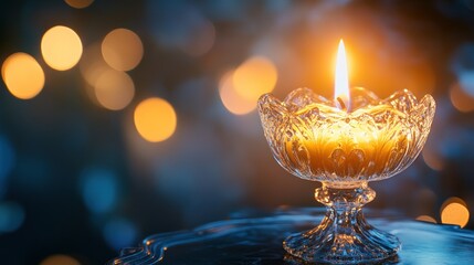 Poster - A glowing candle in an ornate glass holder, surrounded by soft bokeh lights.