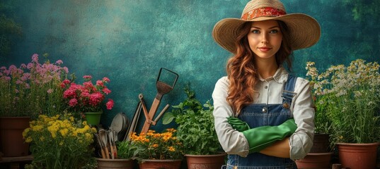 A woman in a garden, surrounded by flowers and gardening tools, promoting gardening.