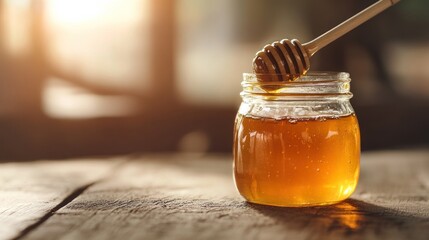 Sticker - A jar of honey with a wooden dipper, illuminated by warm sunlight.