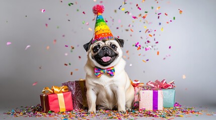 Poster - A cheerful pug in a party hat surrounded by colorful gifts and confetti.