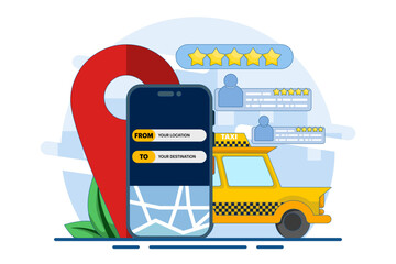 Concept Find online taxi drivers, Online taxi, Taxi service app, Rent and share car, Long distance car sharing, Navigation pin. Taxi service app on smartphone screen. Flat vector illustration.