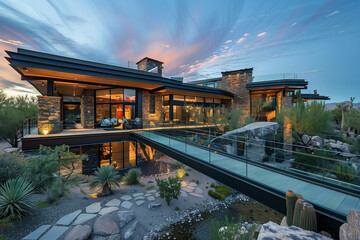 Luxury modern home with a glass bridge connecting two wings of the house, surrounded by natural landscaping, and featuring a blend of stone, wood, and metal elements.