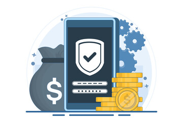 Safe and secure financial app concept, Smart phone with gold coin and key, secure payment, money protection and financial security. digital marketing. flat vector illustration.