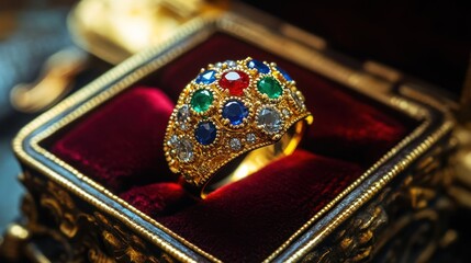 Wall Mural - A luxurious gold ring adorned with colorful gemstones, resting in a velvet-lined box.