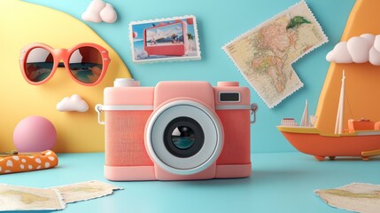 Sticker - A colorful travel-themed display featuring a vintage camera and travel-related items.