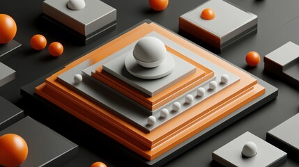 Poster - Abstract geometric composition with layered shapes and spheres in orange and gray.