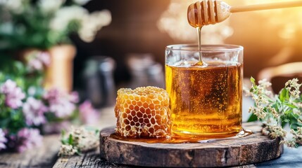 Canvas Print - A glass of honey with a honeycomb and flowers, showcasing natural sweetness and beauty.