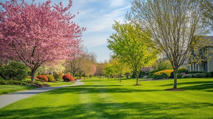 Poster - Spring day with a bright blue sky, neatly trimmed lawn, and vibrant green trees, a picture-perfect backdrop for nature's beauty in full bloom.