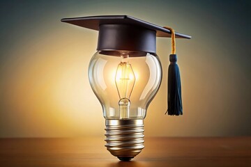 high angle view of educational light bulb with graduation cap, illuminated