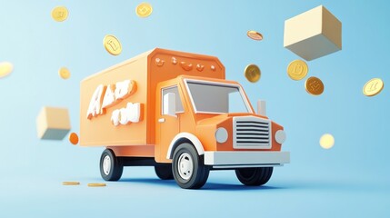 Wall Mural - A stylized orange delivery truck surrounded by coins and cubes, representing commerce and logistics.