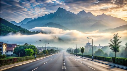 High angle view of empty street with Icelandic landscape and misty mountains