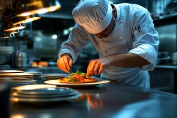 Chef Carefully Plating Dish in Commercial Kitchen