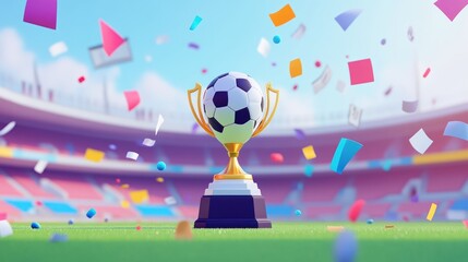 Poster - A soccer trophy surrounded by confetti in a stadium, celebrating a sports victory.