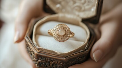 Poster - A delicate gold ring with a pearl, presented in an ornate jewelry box held by hands.