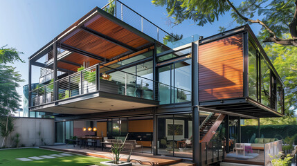 exterior architecture. Urban modern home with a steel and glass structure, featuring open-plan outdoor spaces, rooftop garden, and a combination of metal and wood paneling for a futuristic aesthetic.