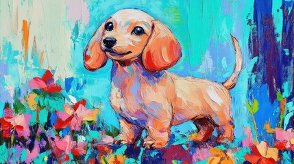 Wall Mural - A colorful painting of a cute dachshund surrounded by vibrant flowers.