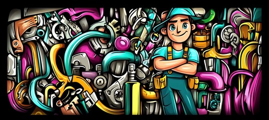 Poster - A colorful illustration featuring a smiling worker amidst various mechanical parts and tools.