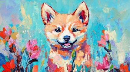 Poster - A vibrant painting of a cheerful dog amidst colorful flowers.