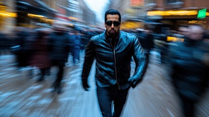 Sticker - A man in a leather jacket runs through a blurred, crowded street in a city.