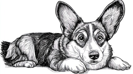 Poster - A detailed sketch of a corgi lying down, showcasing its distinctive features and expression.