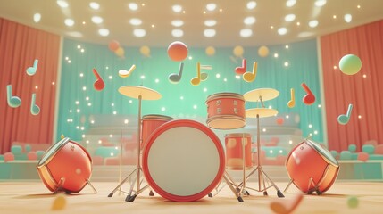 Sticker - A colorful drum set surrounded by musical notes and playful elements in a vibrant stage setting.