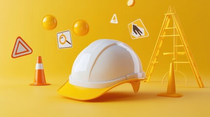 Canvas Print - A yellow hard hat surrounded by safety signs and construction elements on a bright background.