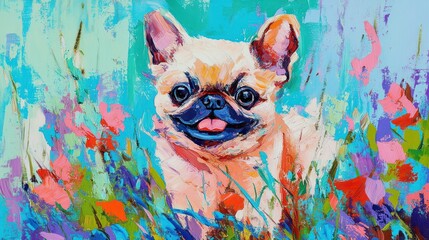 Poster - A vibrant painting of a playful dog surrounded by colorful flowers.