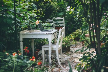 White Desk and chair in the garden